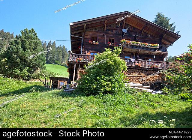 Mountain farm on the steep mountain slope in the mountain meadows in South Tyrol Ulten Valley