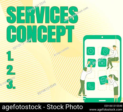 Text sign showing Services Concept. Internet Concept mediate between customer needs and company strategic intent Three Colleagues Carrying S Decorating Mobile...