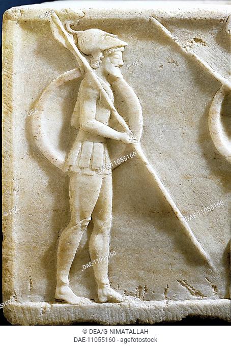 Greek civilization, 5th century b.C. Plinth of kouros statue depicting Hoplites and a horse-drawn chariot, circa 490 b.C