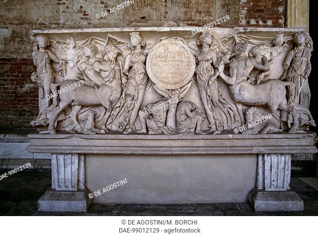Sarcophagus of Julius Larcius Sabinus, with relief depicting Centaurs and Nikai, Monumental Cemetery of Pisa (UNESCO World Heritage Site, 1987), Tuscany, Italy