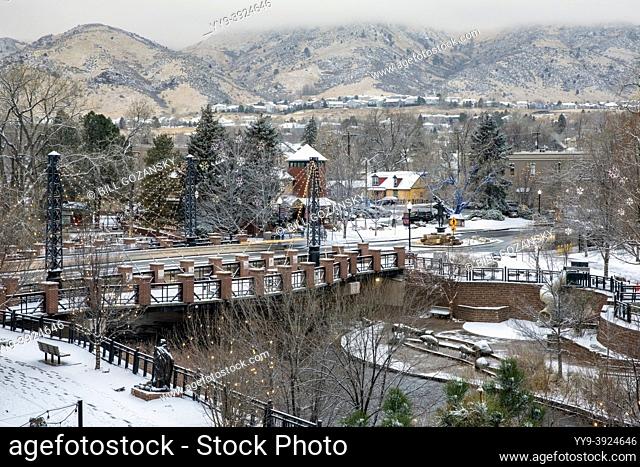 A winter wonderland landscape - Washington Avenue Bridge over Clear Creek in Golden, Colorado, USA