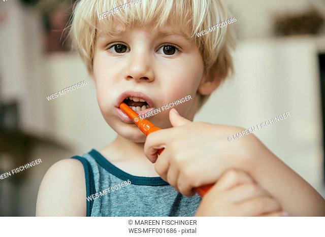 Portrait of little boy brushing his teeth with an electric toothbrush