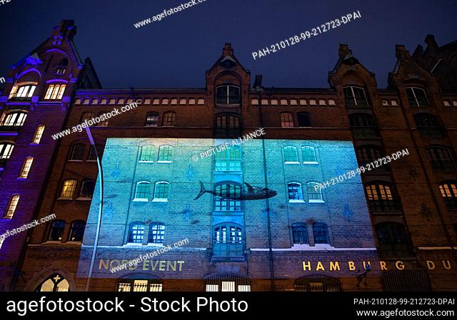 28 January 2021, Hamburg: An ocean light installation is projected onto a building in Hamburg's Speicherstadt warehouse district during an event organized by...
