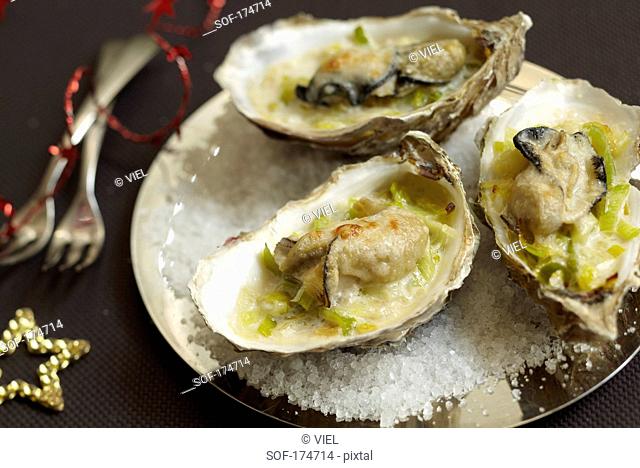 Grilled oysters with soft leeks and parmesan