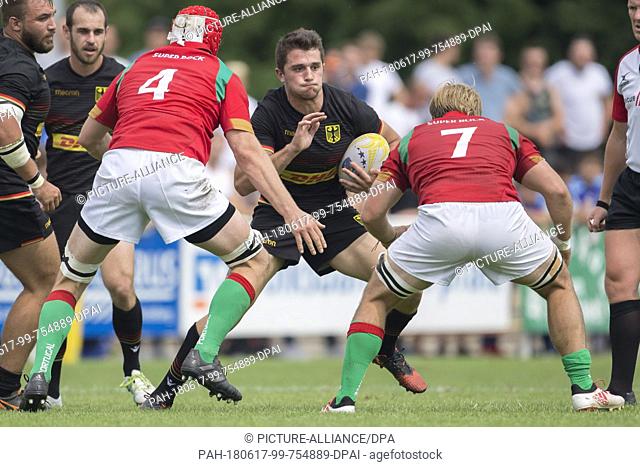 16 June 2018, Germany, Heidelberg: Qualification match for the 2019 Rugby World Cup in Japan, Germany vs Portugal: Matieu Ducau (Germany, 13)