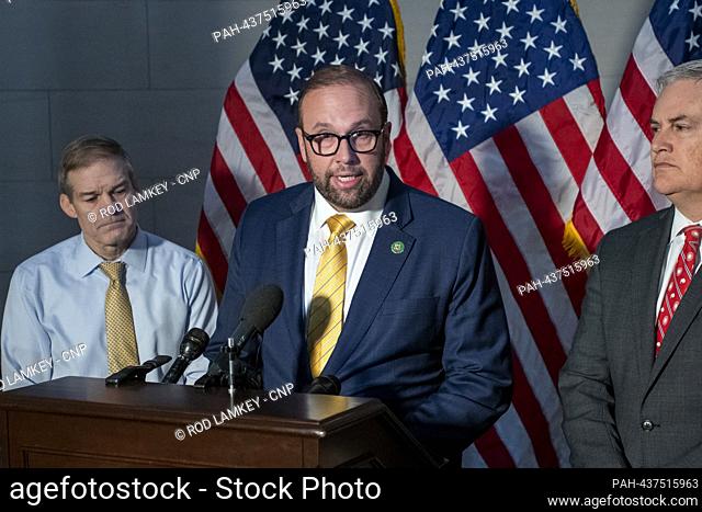 United States Representative Jason Smith (Republican of Missouri), Chair, US House Committee on Ways and Means, center, is joined by United States...