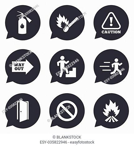 Fire safety, emergency icons. Fire extinguisher, exit and attention signs. Caution, water drop and way out symbols. Flat icons in speech bubble pointers