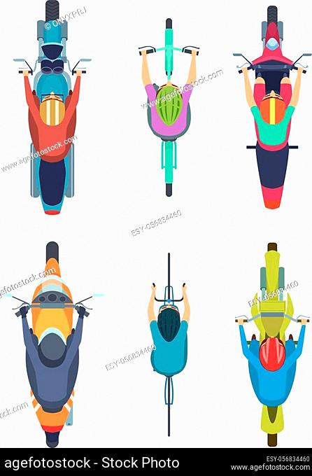 Bike top view. Cycling people motorcycles traffic motor bike on road vector cartoon collection. Illustration motorcycle traffic, drive and bike