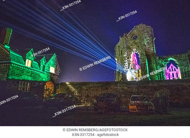 Lights from the Whitby Abbey during the Dracula festival on Halloween Yorkshire, UK