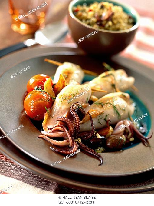 Stuffed squid with brown rice from Camargue