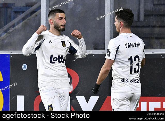Union's Deniz Undav and Union's Dante Vanzeir celebrate after Undav scored the 0-1 goal during a soccer match between Sint-Truidense VV and Royale Union...