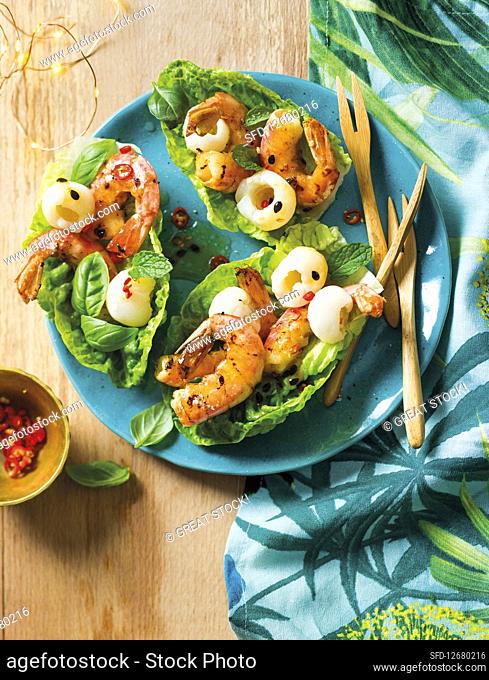 Litchi and prawn lettuce cups with passion fruit dressing