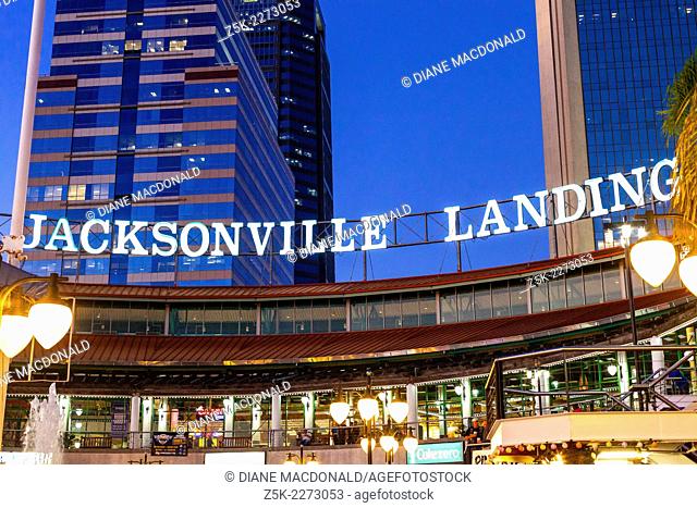 Jacksonville Landing , Jacksonville, Florida, USA at dusk. The Jacksonville Landing is a complex of stores, restaurants and nightclubs in downtown Jacksonville...