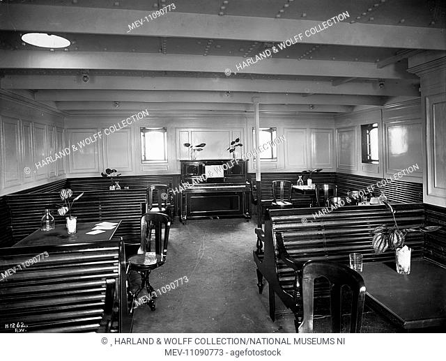 Third class smoke room with piano and decorative plants. Ship No: 392. Name: Pericles. Type: Passenger Ship. Tonnage: 10924. Launch: 21 December 1907