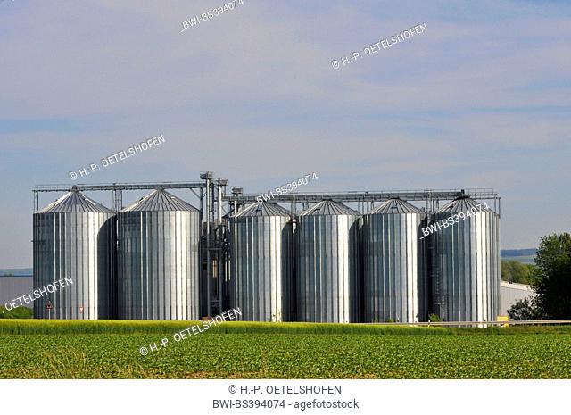 grain silos in morning light, Germany, Bavaria, Swabia, Rain am Lech