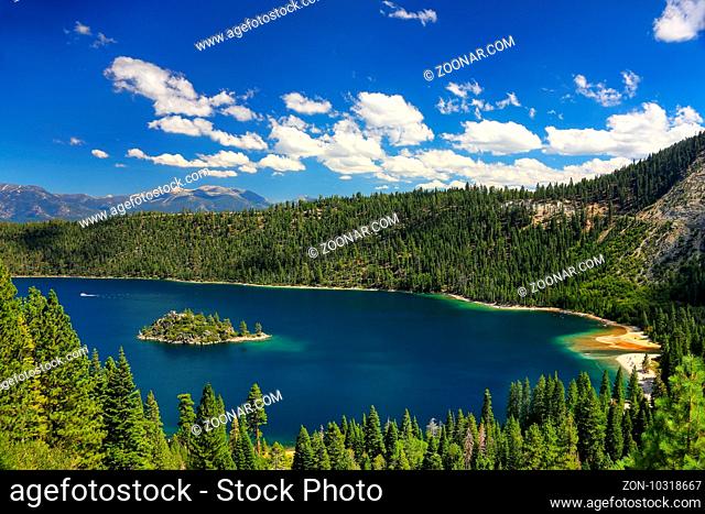 Fannette Island in Emerald Bay at Lake Tahoe, California, USA. Lake Tahoe is the largest alpine lake in North America