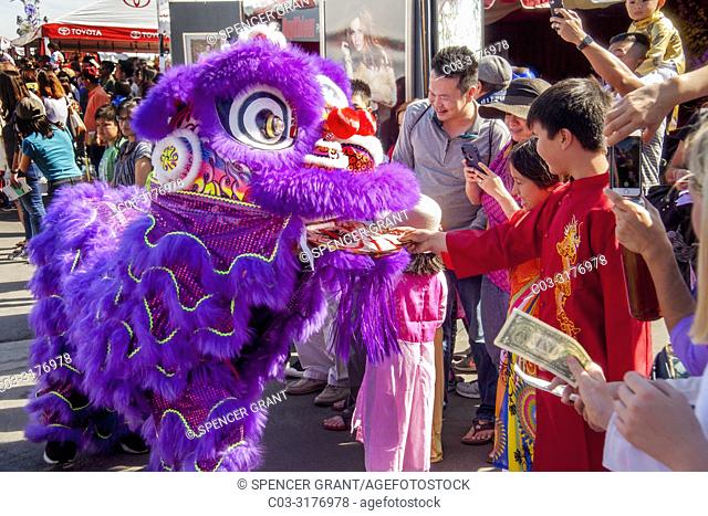 A purple pantomime lion gets placated with money at an Asian American cultural festival in Costa Mesa, CA