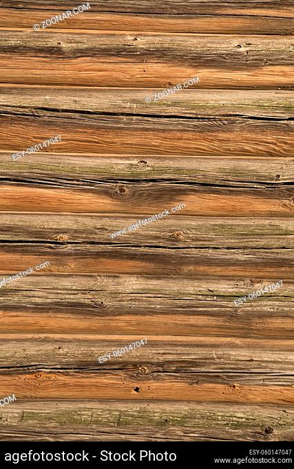 Old Log Cabin Wall Texture. Dark Rustic House Log Wall. Horizontal Timbered Background