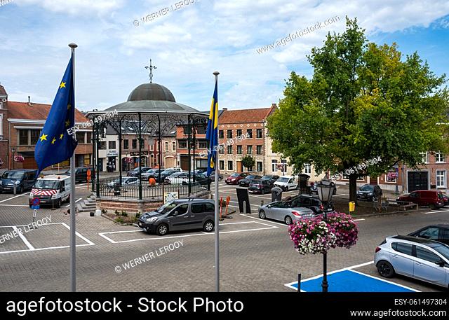 Hoegaarden, Flemish Brabant, Belgium , 08 01 2022 - Main market square with local and European flag