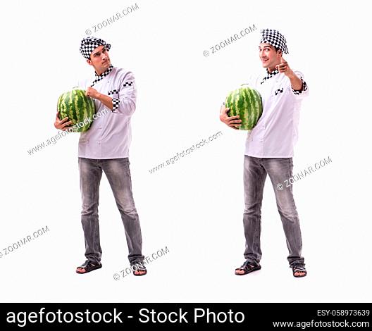 Young male cook with watermelon isolated on white