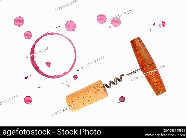 One red wine cork, corkscrew bottle opener, dry circle ring stain of glass and blob drops isolated on white background