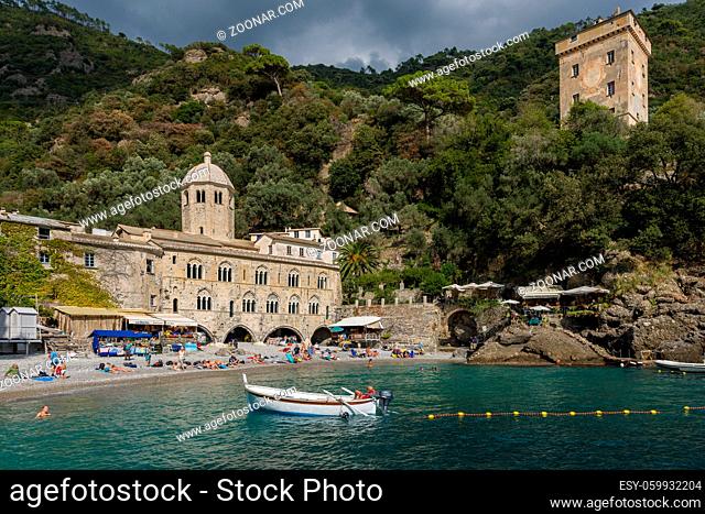 The abbey and the village of San Fruttuoso, situated in the natural reserve of Portofino, in Italy