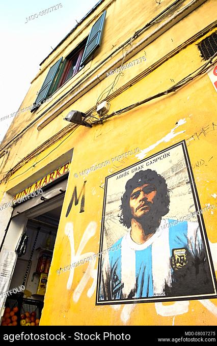 Tribute to the Argentine footballer Diego Armando Maradona with a mural made by street artist Harry Greb in Trastevere and depicted as Che Guevara