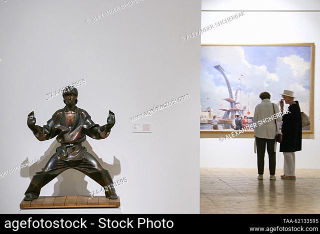 RUSSIA, MOSCOW - SEPTEMBER 13, 2023: People attend a press preview of an exhibition marking the centenary of Moscow sports at the New Tretyakov Gallery