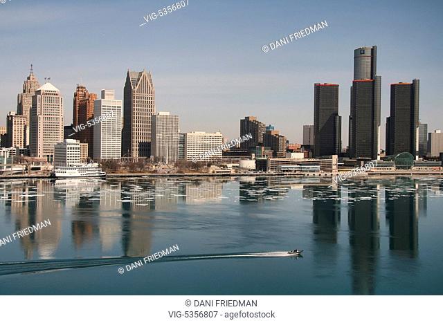Skyline of downtown Detroit, Michigan, USA. Detroit is known as The Motor City, The D, Motown, Hockeytown and the Murder City