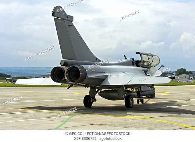 Exhaust nozzles of the twin-engine French Air Force Dassault Rafale B 4-FU SPA 81 fighter aircraft, presentation on the Payerne military airfield in the context...