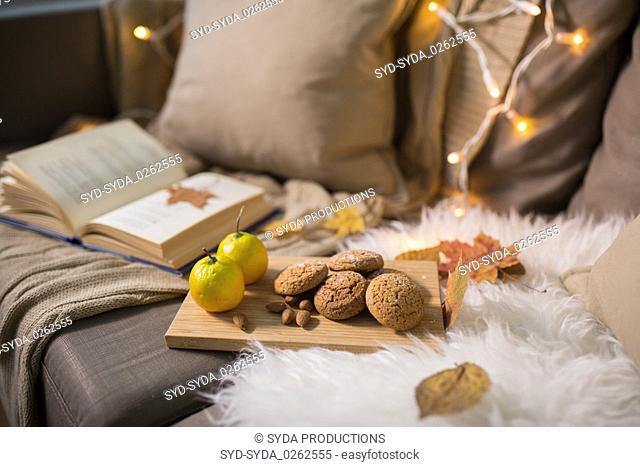 lemons, book, almond and oatmeal cookies on sofa