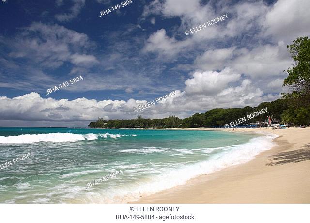 A view of sea and beach at Sandy Lane Bay on the west coast of Barbados, Windward Islands, West Indies, Caribbean, Central America