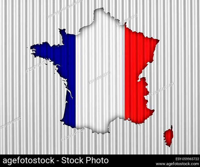 Karte und Fahne von Frankreich auf Wellblech - Map and flag of France on corrugated iron