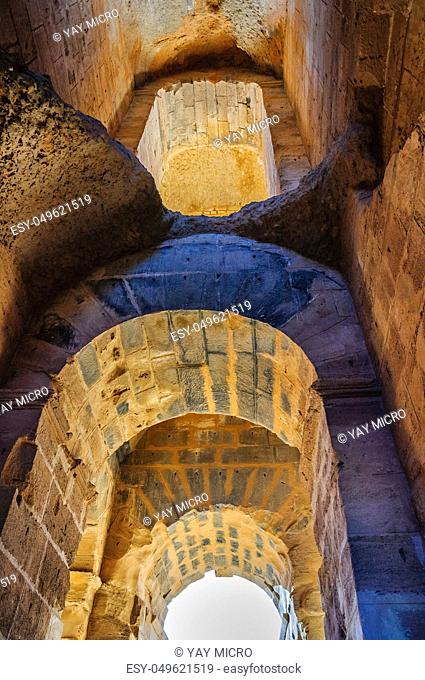 Arch in ruins of the largest coliseum in North Africa. El Jem, Tunisia, UNESCO