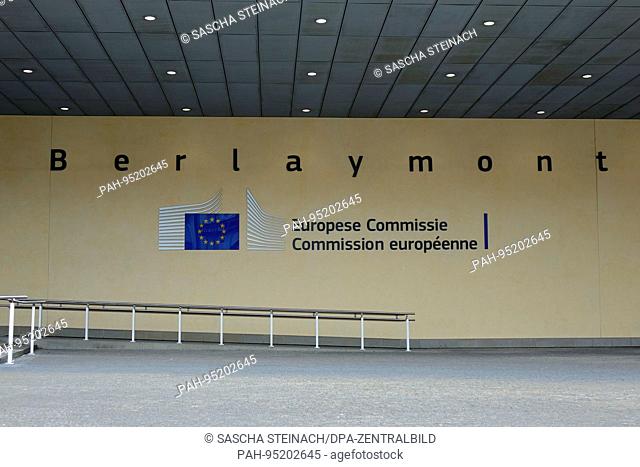 A sign featuring the EU logo under the lettering ""Berlaymont"" on the European Commission building, in the Belgian capital Brussels. 24.06.2017