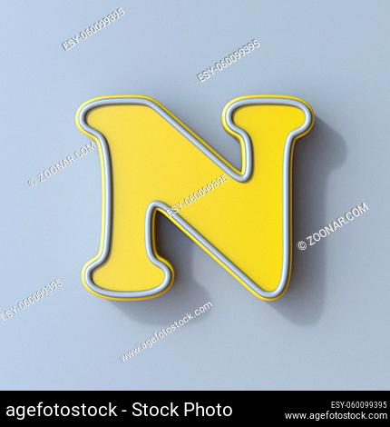 Yellow cartoon font Letter N 3D render illustration isolated on gray background