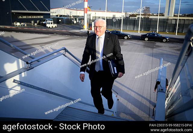 15 March 2023, Brandenburg, Schönefeld: German President Frank-Walter Steinmeier boards a Bundeswehr Air Force readiness aircraft at the military section of...
