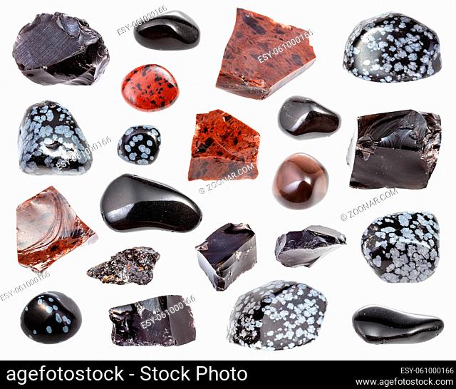 set of various Obsidian rocks isolated on white background