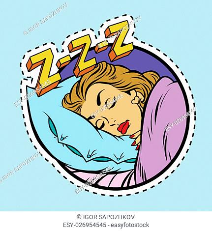 Comic girl sleeping in bed, pop art comic illustration. Label sticker cutting contour