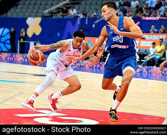 L-R A. J. Slaughter (Poland) and Nimrod Levii (Israel) n action during the European Men's Basketball Championship, Group D, match Poland vs Israel, in Prague