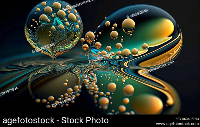 Abstract liquid glass shapes and colors water like textures with golden smooth water flowing. Background