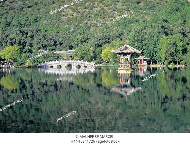 China, Asia, Lijiang city, Black Dragon Pool park, Yunnan Province, bridge, Pavilion, Asia, lake, water, reflections