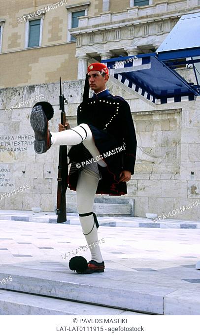 Soldier in uniform, performing the Changing of the Guard ceremony in Syntagma square
