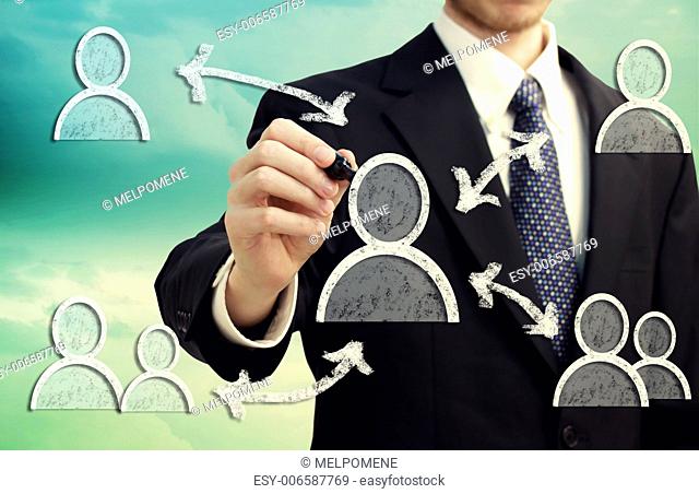 Social media with business man over turquoise yellow colored sky background