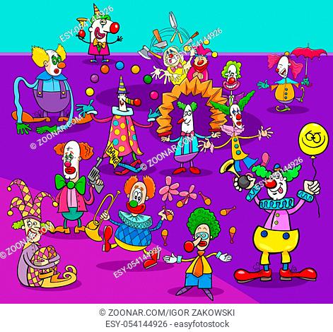 Cartoon Illustration of Funny Circus Clowns or Jokers Characters Group