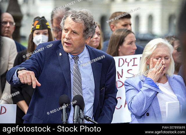 United States Senator Sherrod Brown (Democrat of Ohio) offers remarks during a press conference a day after a Senate procedural vote to advance legislation...