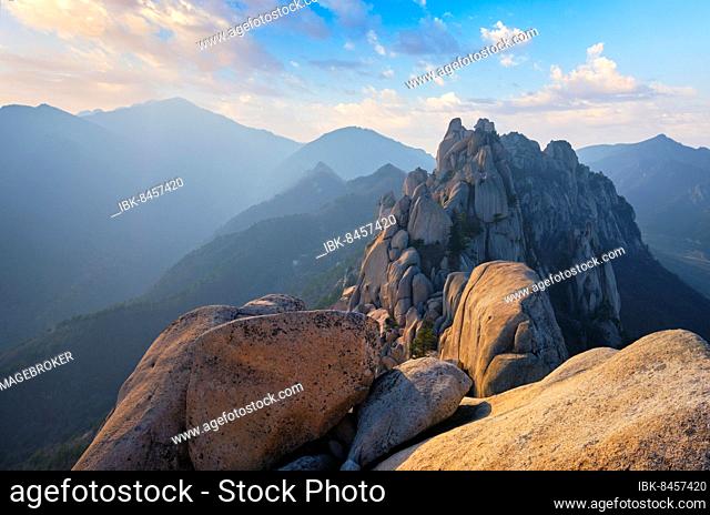 View of stones and rock formations from Ulsanbawi rock peak on sunset. Seoraksan National Park, South Corea