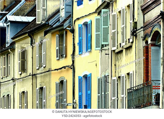 Lons-le-Saunier, architectural details - facades of houses in city center, capital of Jura department - préfecture (39), region Franche-Comté, East of France