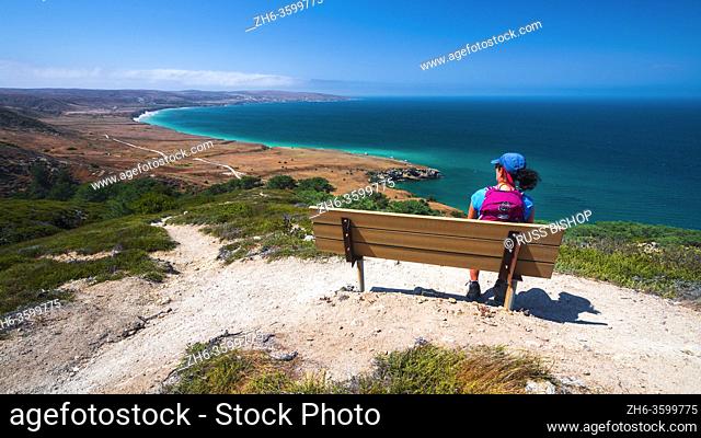 Hiker enjoying the view from the Torrey Pines Trail, Santa Rosa Island, Channel Islands National Park, California USA