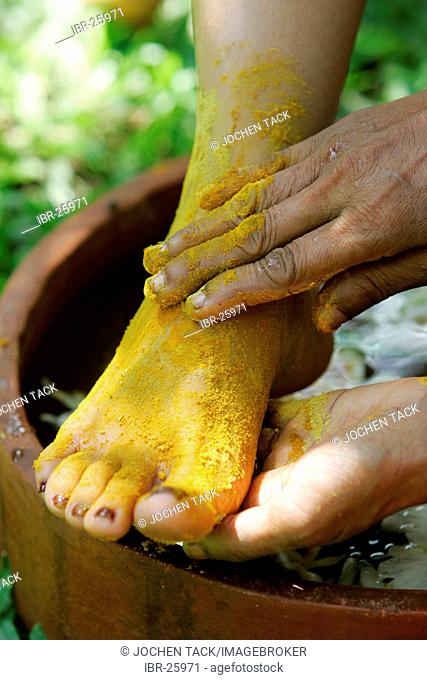 LKA, Sri Lanka : Siddhalepa Ayurveda Resort , Food massage, oiling, herb bath fot feet